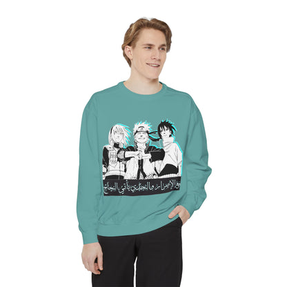 Anime Crewneck Sweatshirt — Trio Graphic with Arabic Text, Retro Glitch Aesthetic