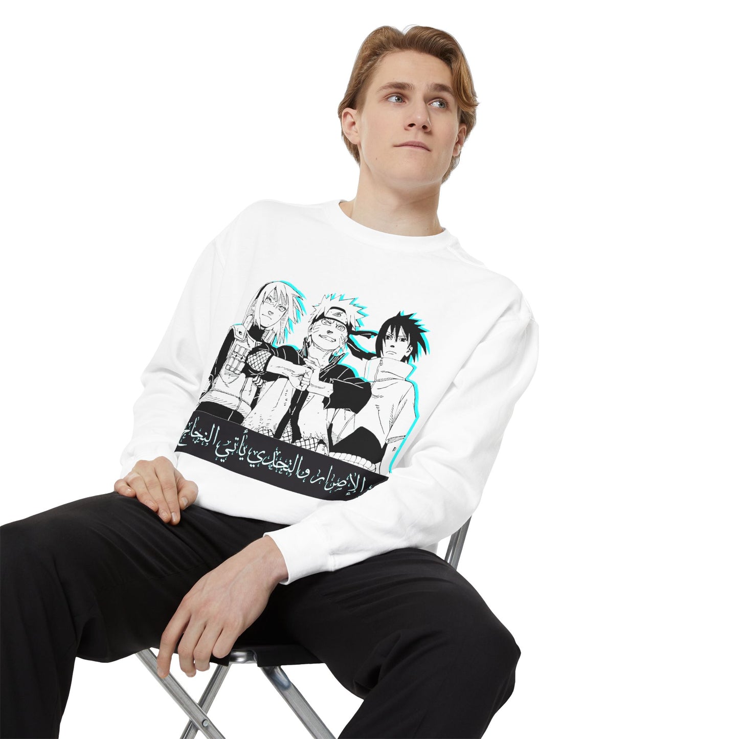 Anime Crewneck Sweatshirt — Trio Graphic with Arabic Text, Retro Glitch Aesthetic