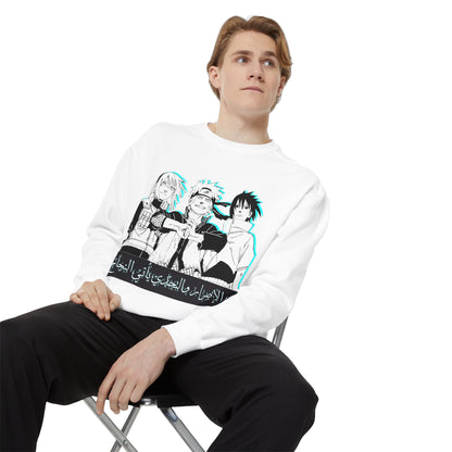 Anime Crewneck Sweatshirt — Trio Graphic with Arabic Text, Retro Glitch Aesthetic