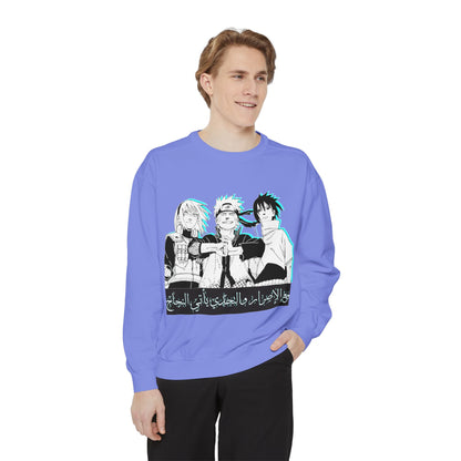 Anime Crewneck Sweatshirt — Trio Graphic with Arabic Text, Retro Glitch Aesthetic