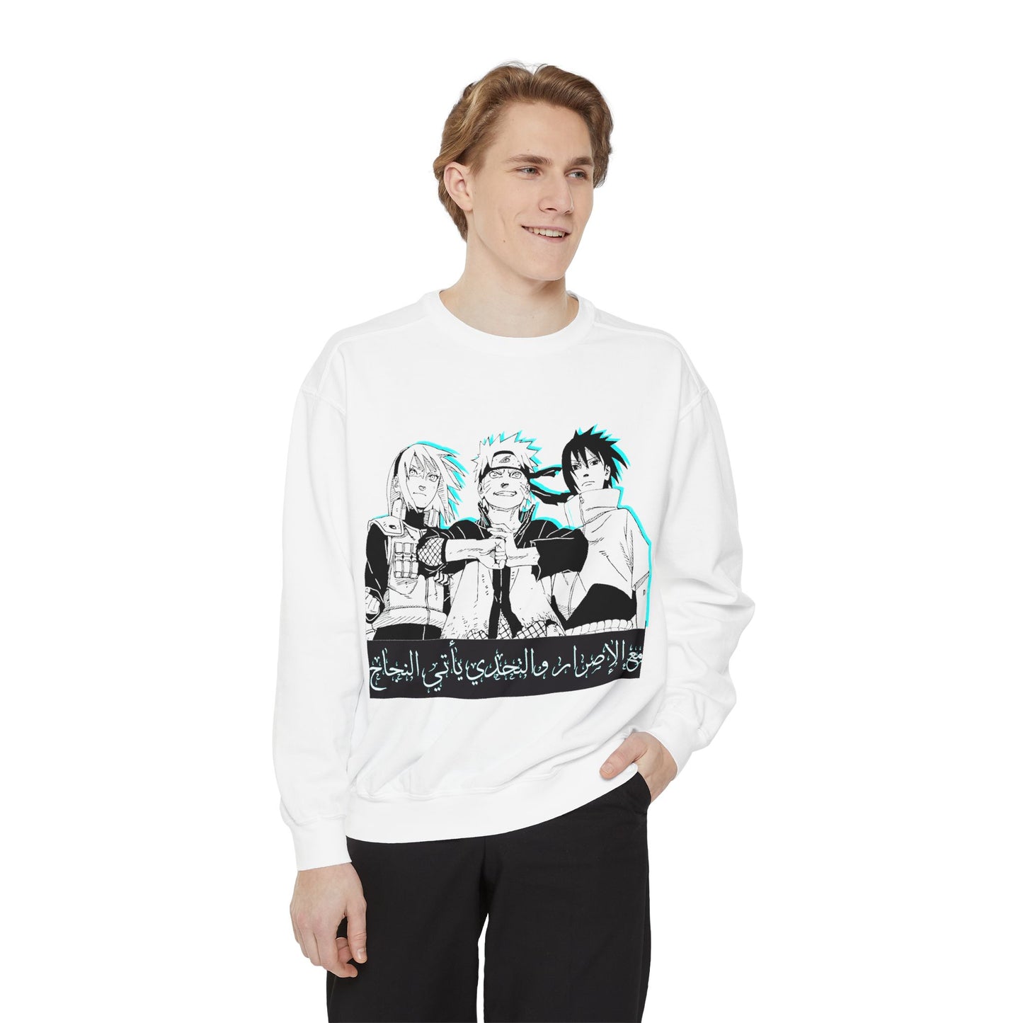 Anime Crewneck Sweatshirt — Trio Graphic with Arabic Text, Retro Glitch Aesthetic