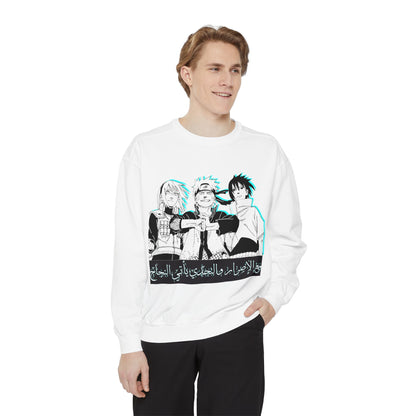 Anime Crewneck Sweatshirt — Trio Graphic with Arabic Text, Retro Glitch Aesthetic