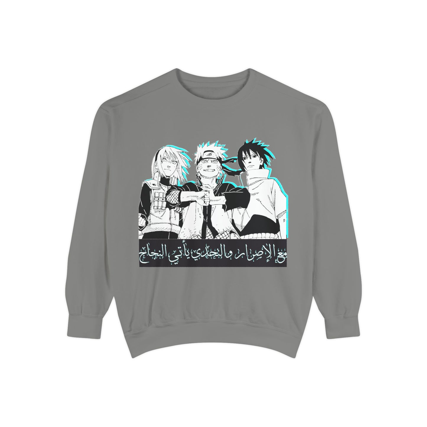 Anime Crewneck Sweatshirt — Trio Graphic with Arabic Text, Retro Glitch Aesthetic