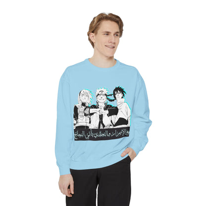 Anime Crewneck Sweatshirt — Trio Graphic with Arabic Text, Retro Glitch Aesthetic