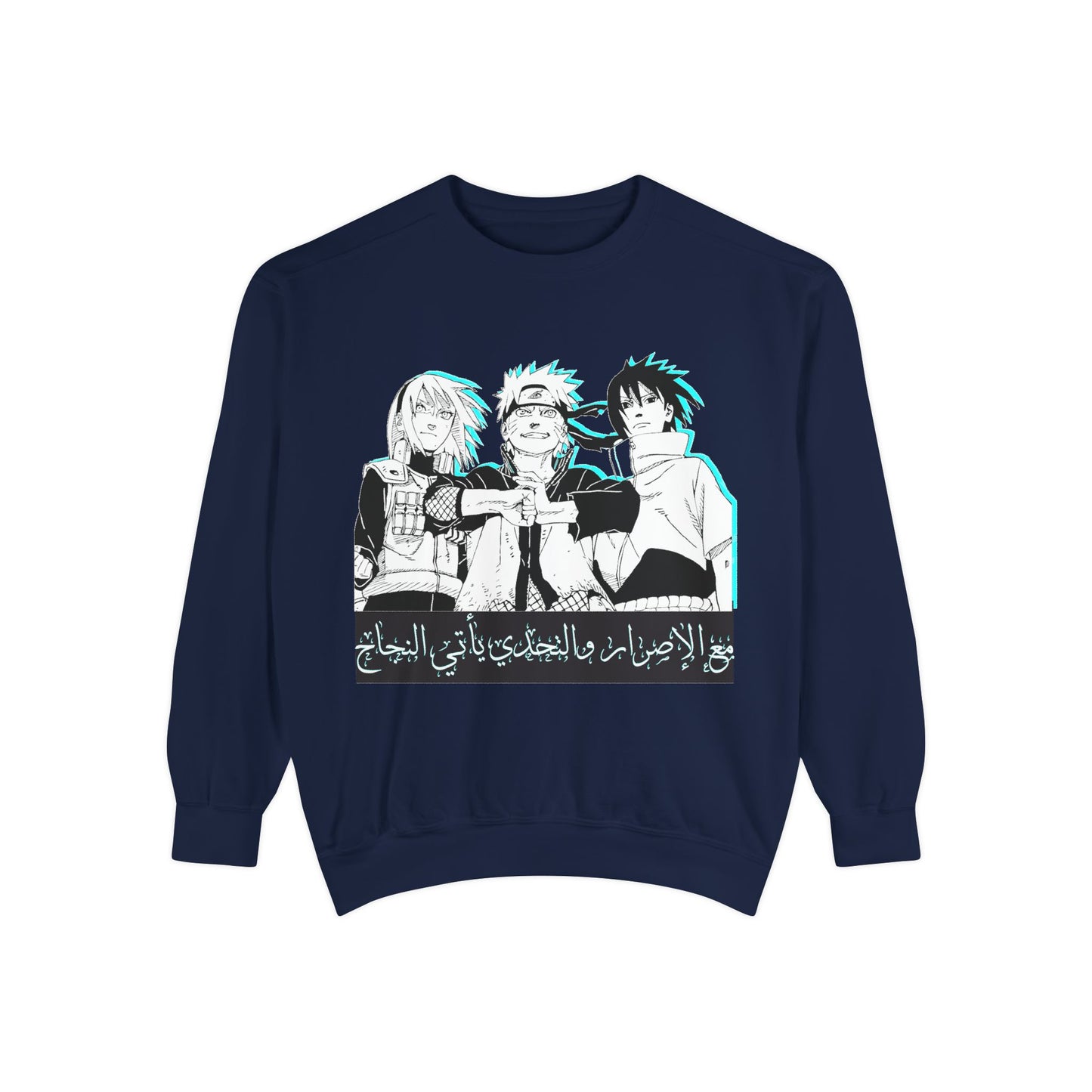 Anime Crewneck Sweatshirt — Trio Graphic with Arabic Text, Retro Glitch Aesthetic