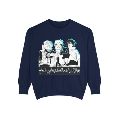 Anime Crewneck Sweatshirt — Trio Graphic with Arabic Text, Retro Glitch Aesthetic