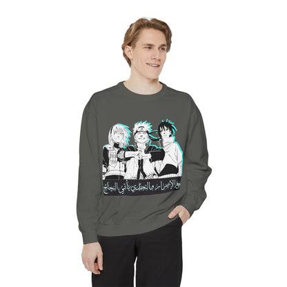 Anime Crewneck Sweatshirt — Trio Graphic with Arabic Text, Retro Glitch Aesthetic