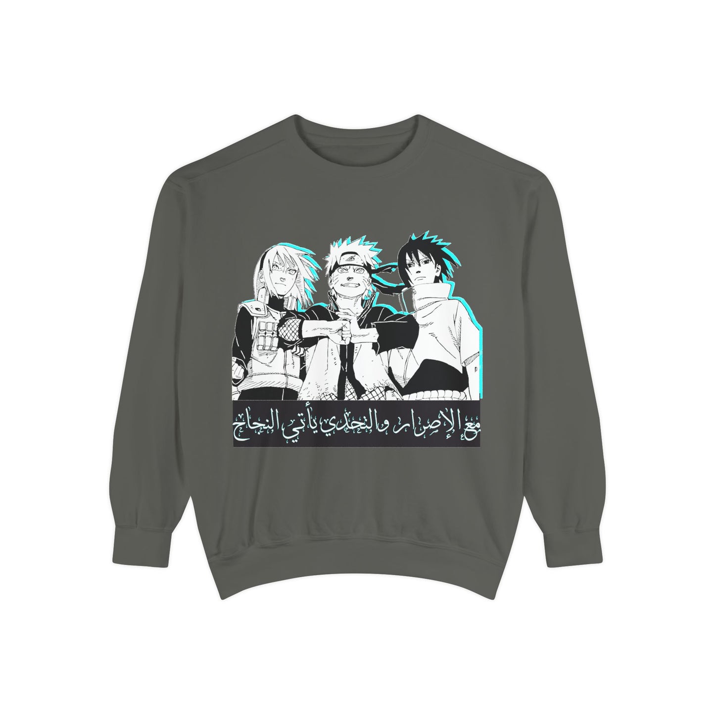 Anime Crewneck Sweatshirt — Trio Graphic with Arabic Text, Retro Glitch Aesthetic