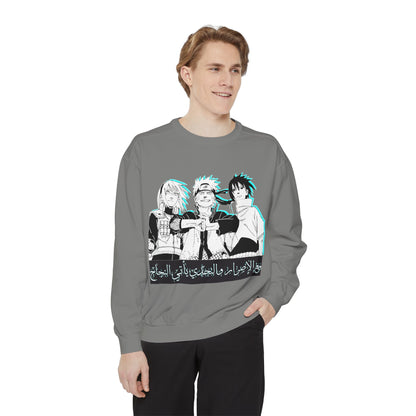 Anime Crewneck Sweatshirt — Trio Graphic with Arabic Text, Retro Glitch Aesthetic