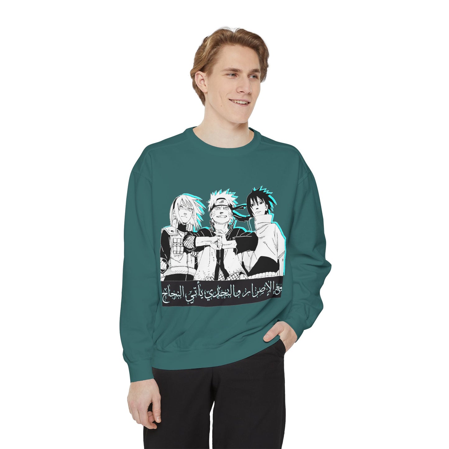 Anime Crewneck Sweatshirt — Trio Graphic with Arabic Text, Retro Glitch Aesthetic