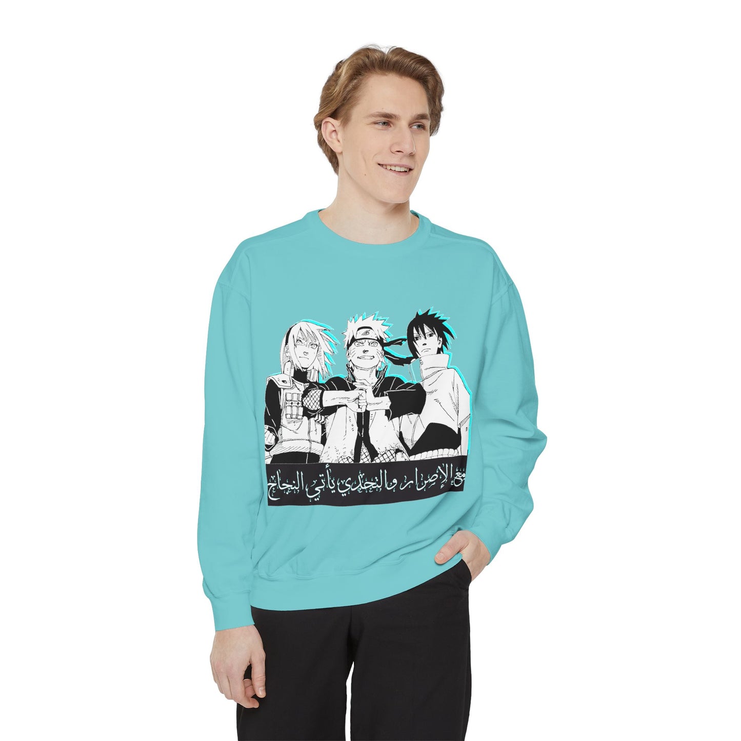 Anime Crewneck Sweatshirt — Trio Graphic with Arabic Text, Retro Glitch Aesthetic