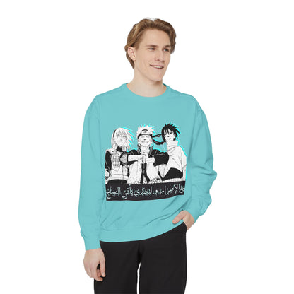 Anime Crewneck Sweatshirt — Trio Graphic with Arabic Text, Retro Glitch Aesthetic