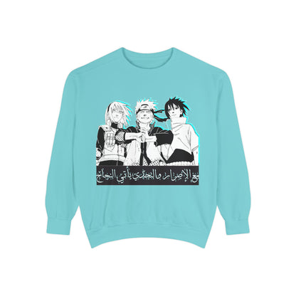 Anime Crewneck Sweatshirt — Trio Graphic with Arabic Text, Retro Glitch Aesthetic
