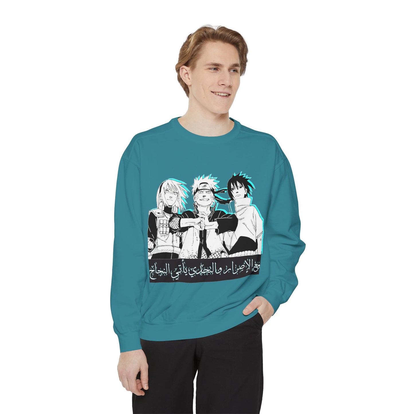 Anime Crewneck Sweatshirt — Trio Graphic with Arabic Text, Retro Glitch Aesthetic