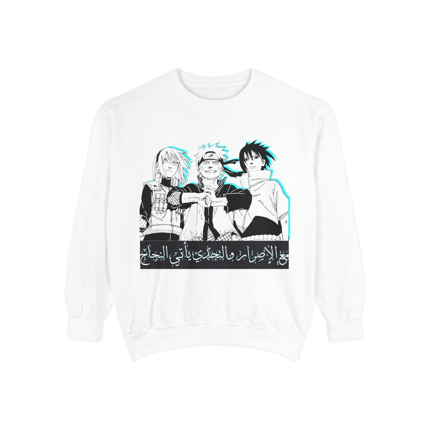 Anime Crewneck Sweatshirt — Trio Graphic with Arabic Text, Retro Glitch Aesthetic