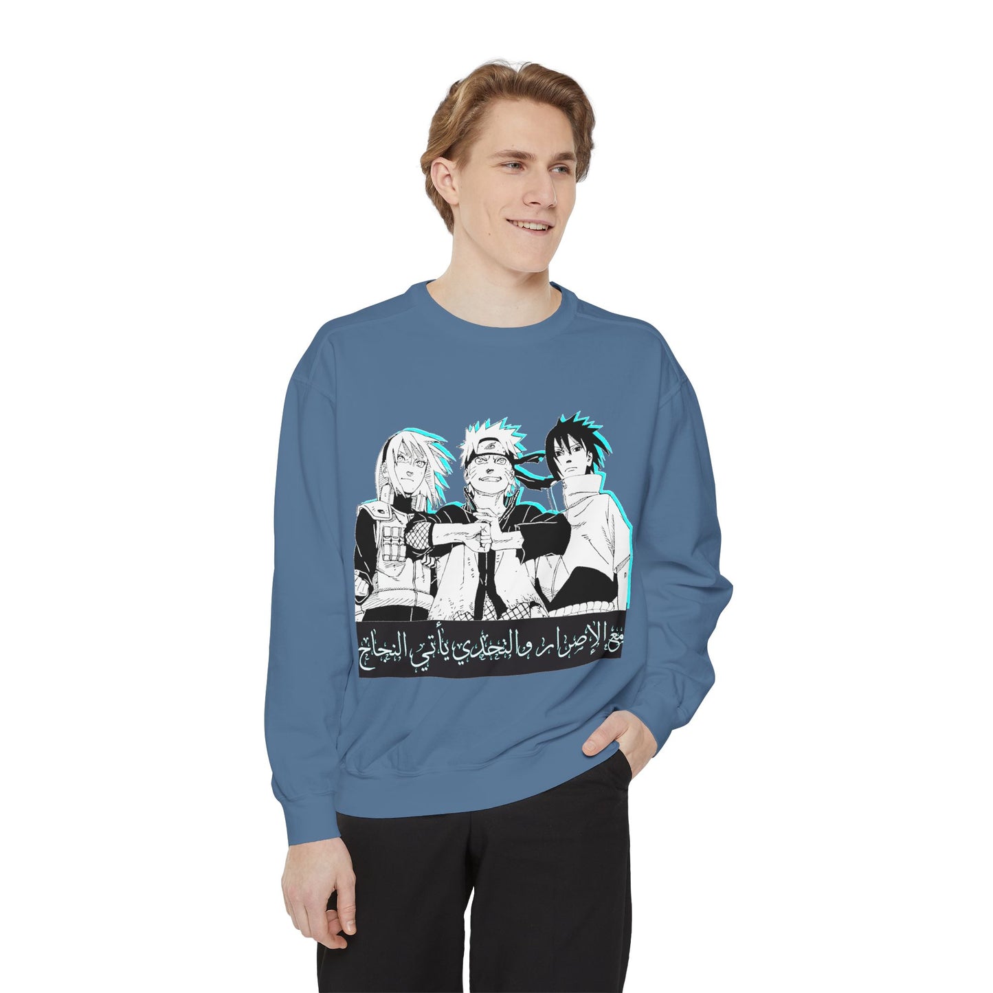 Anime Crewneck Sweatshirt — Trio Graphic with Arabic Text, Retro Glitch Aesthetic