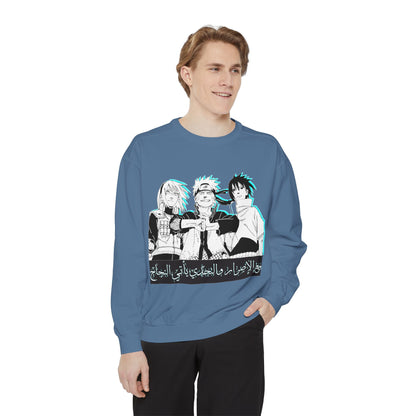 Anime Crewneck Sweatshirt — Trio Graphic with Arabic Text, Retro Glitch Aesthetic