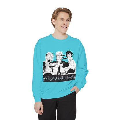 Anime Crewneck Sweatshirt — Trio Graphic with Arabic Text, Retro Glitch Aesthetic