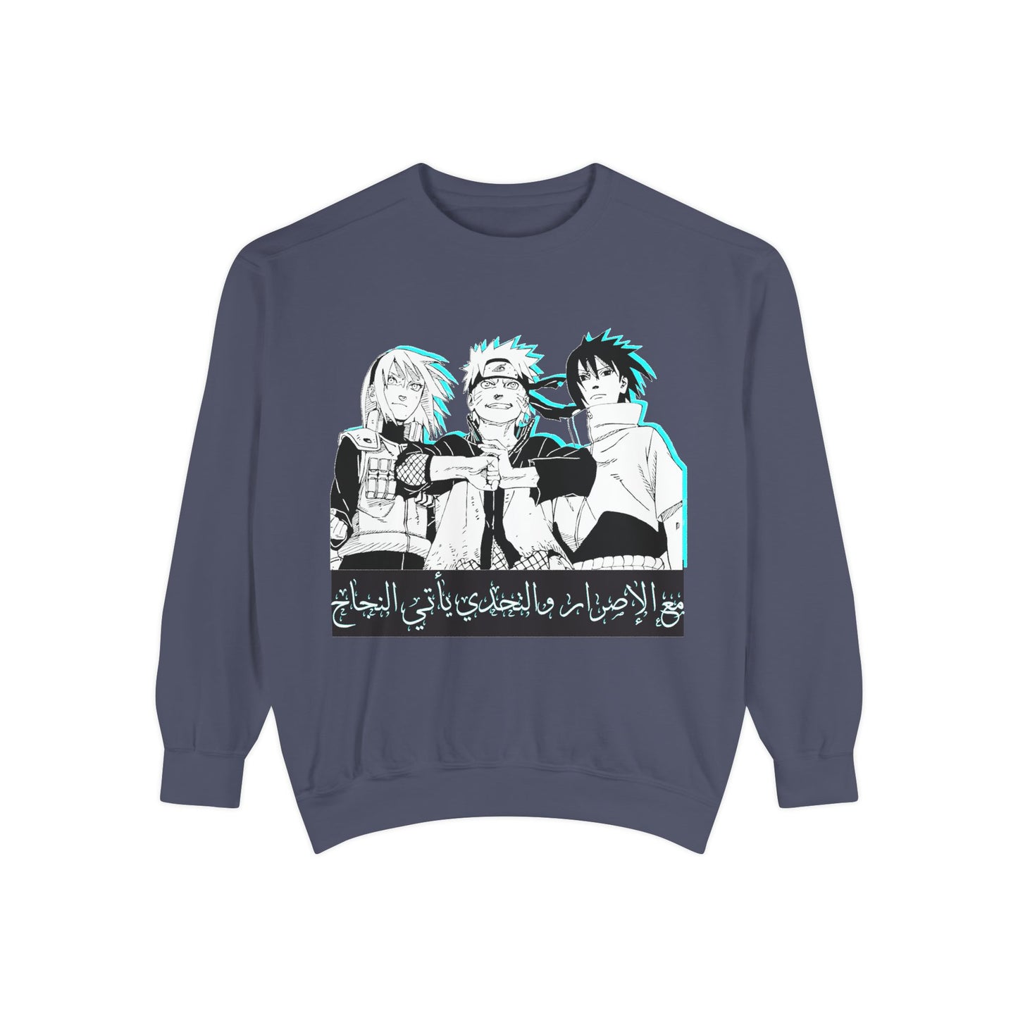 Anime Crewneck Sweatshirt — Trio Graphic with Arabic Text, Retro Glitch Aesthetic