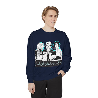 Anime Crewneck Sweatshirt — Trio Graphic with Arabic Text, Retro Glitch Aesthetic