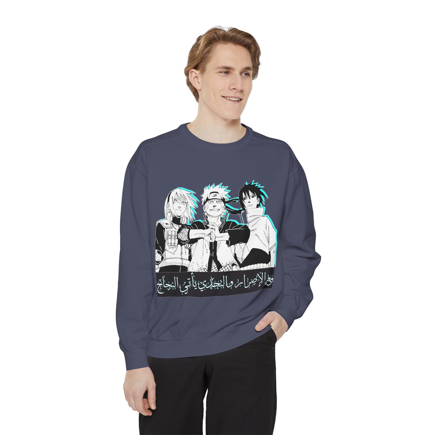 Anime Crewneck Sweatshirt — Trio Graphic with Arabic Text, Retro Glitch Aesthetic