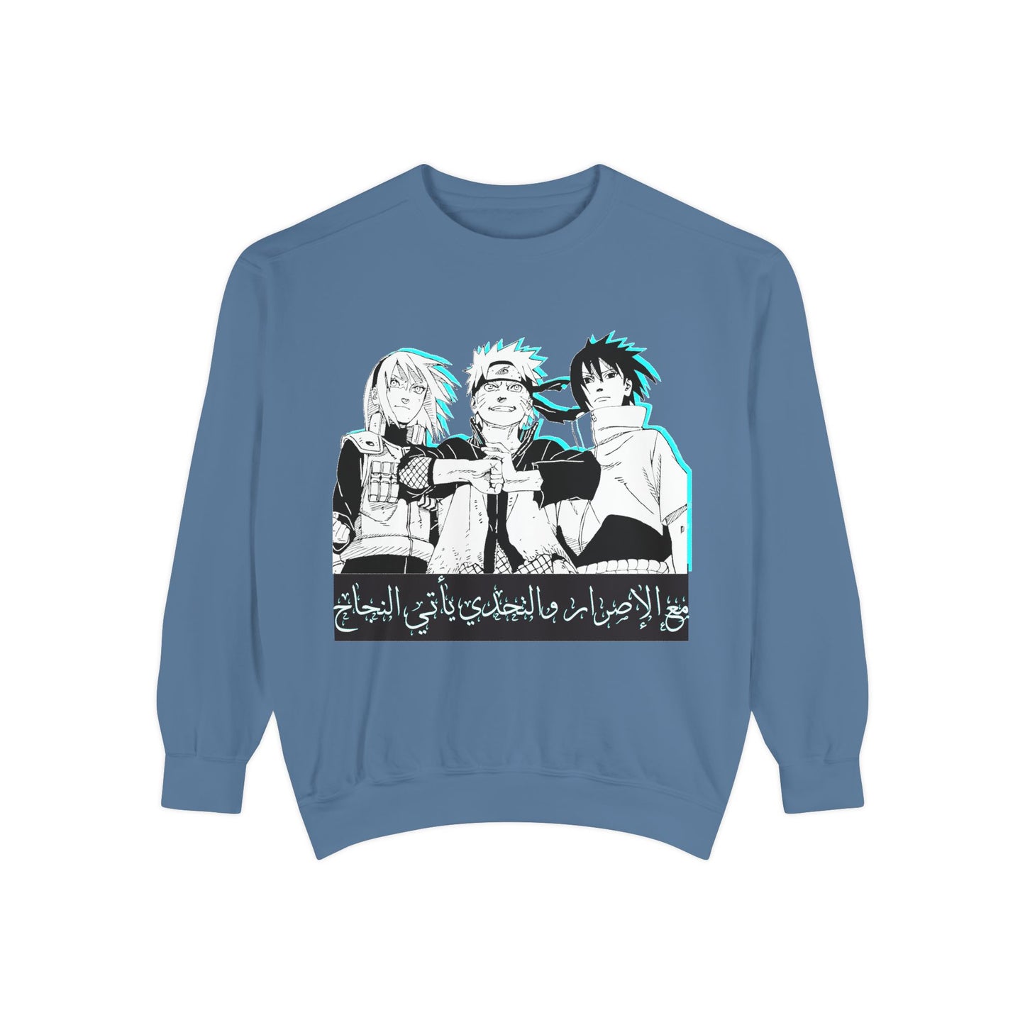 Anime Crewneck Sweatshirt — Trio Graphic with Arabic Text, Retro Glitch Aesthetic