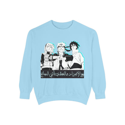 Anime Crewneck Sweatshirt — Trio Graphic with Arabic Text, Retro Glitch Aesthetic